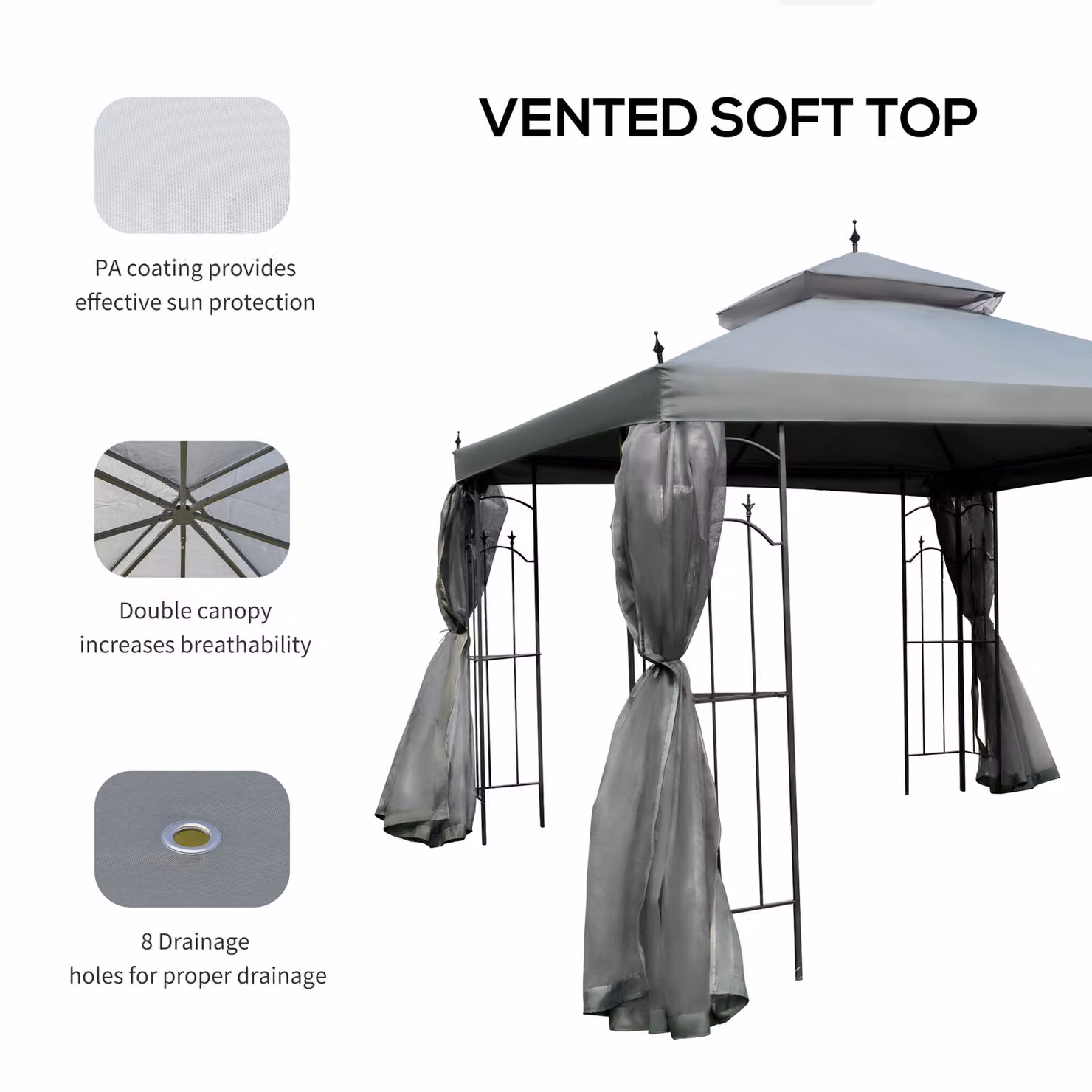Outsunny Double Top Garden Gazebo with Mesh Curtains, Grey, W: 300 cm, D: 300 cm, H: 300 cm – 5