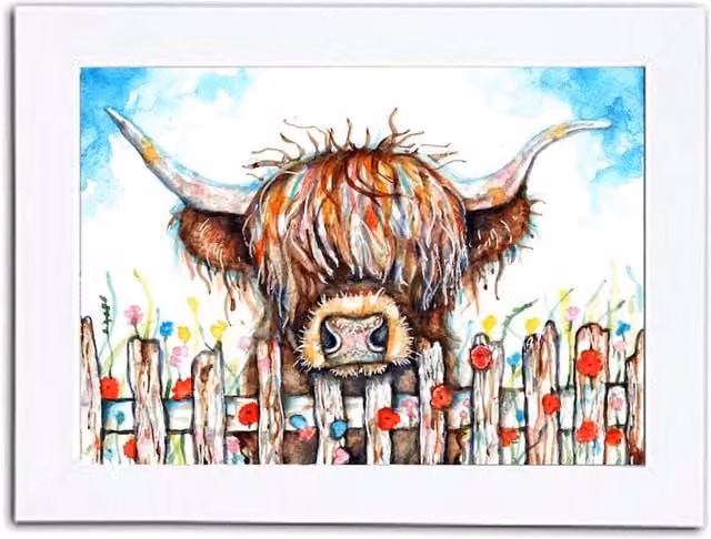 Be Coventry Highland Cow Over the Fence Watercolour Framed Paper Poster in Brown and Grey, 14.8 cm