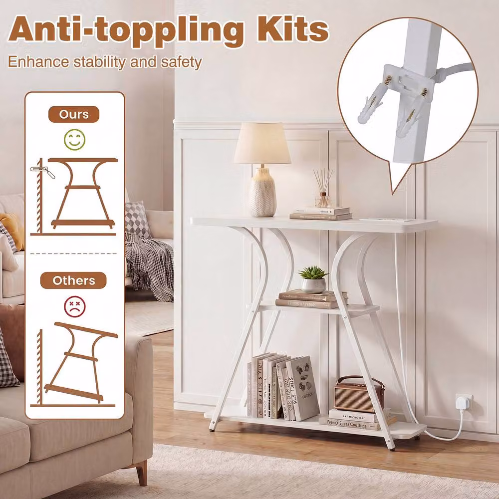 Costway 3-Tier Industrial Console Table with LED Lights and Power Outlets in White – 3