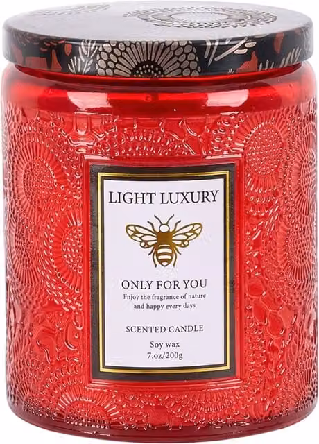 Livingandhome Red Floral Scented Soy Wax Tabletop Candle in a Round Embossed Glass Cup