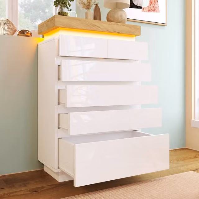 Rolipo White High Gloss 6 Drawer Chest of Drawers with Integrated LED Lighting – 1
