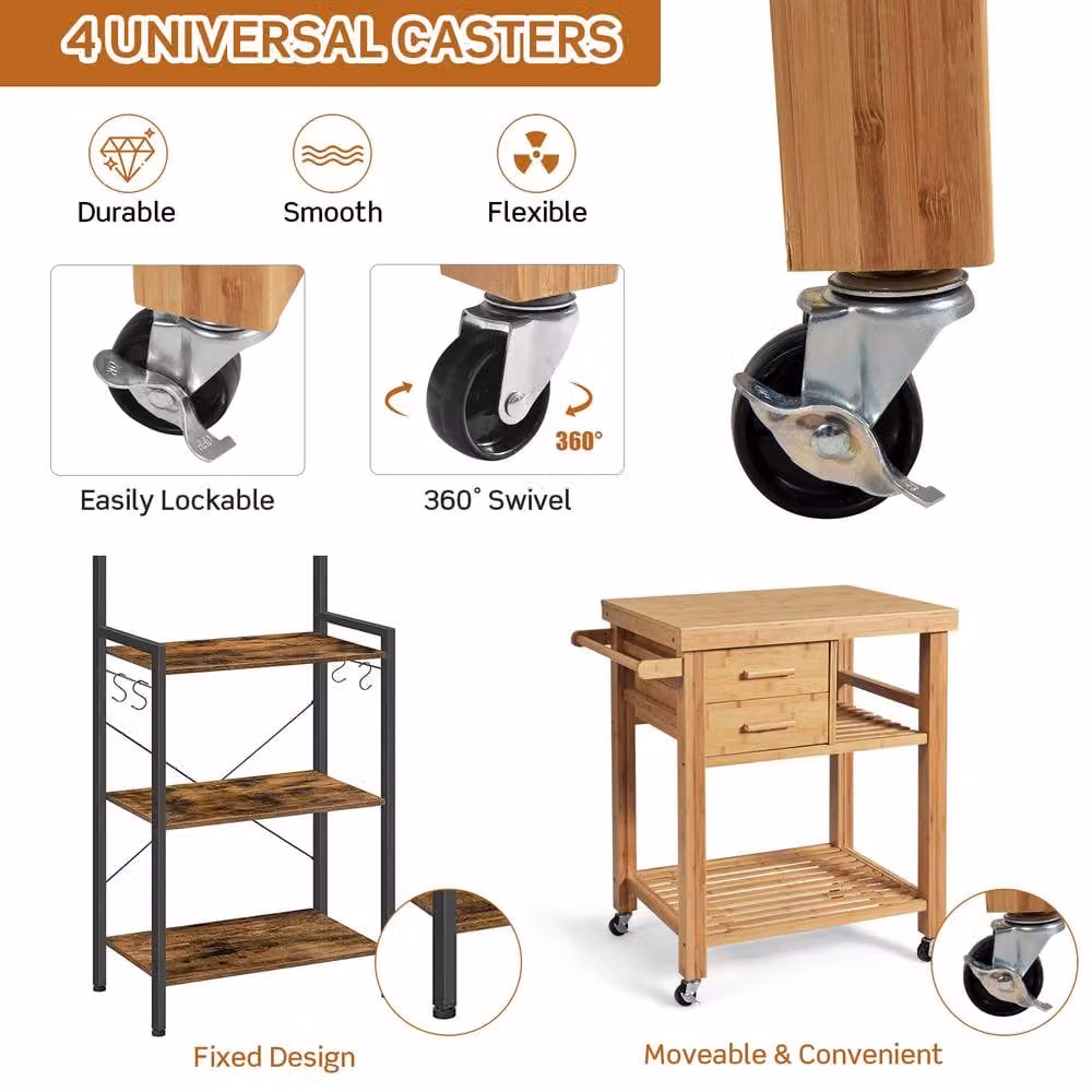 Costway Rolling Bamboo Kitchen Island Cart Trolley with Drawers and Shelves in Natural – 5