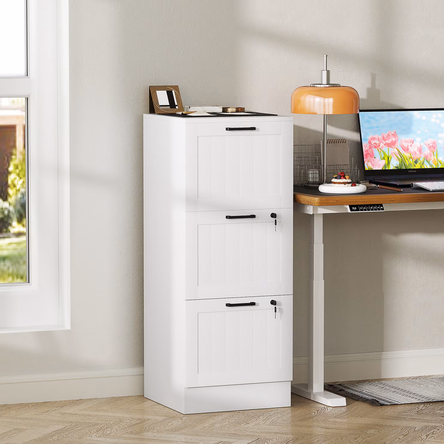 HOMCOM 3 Drawer Filing Cabinet with Lock and Adjustable Hanging Bars for A4 and Letter Size Files, White – 2