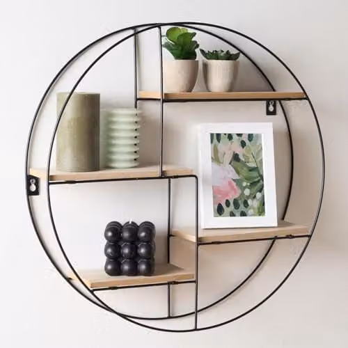 OHS Round Wall Mounted Decorative Display Shelf with Metal Frame in Black and Light Wood, W/D/H: 50 x 50 x 10 cm – 1