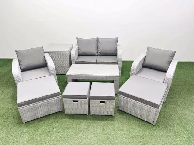 Fimous PE Wicker Rattan Garden Furniture Set with Love Sofa and Coffee Table in Light Grey