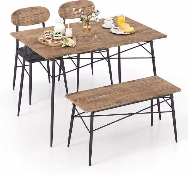 COSTWAY 4 Piece Industrial Kitchen Dining Table Set with Bench and Chairs in Brown