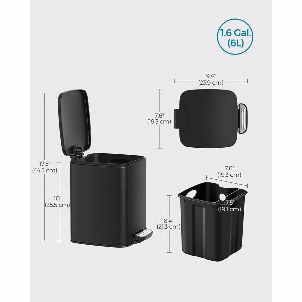 Kelvenix Black Steel Pedal Bathroom Bin with Soft Close and Removable Inner Bucket, 6L – 2