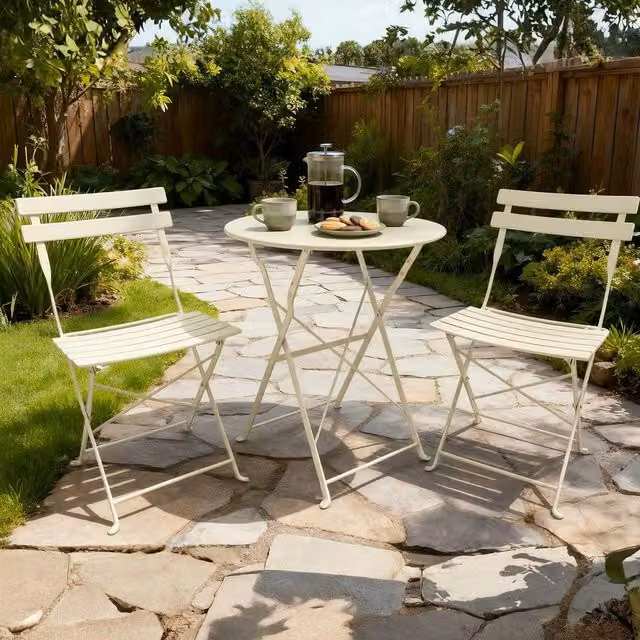 Home Source Metal Bistro Set Outdoor Garden Furniture with Table and 2 Chairs in Cream – 1