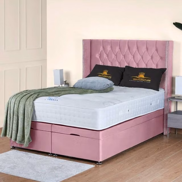 UK Bed Furniture Francesca End Lift Divan Ottoman Bed with 54 Inch Diamond Headboard in Pink Velvet, W/D/H: 90 x 190 cm – 1