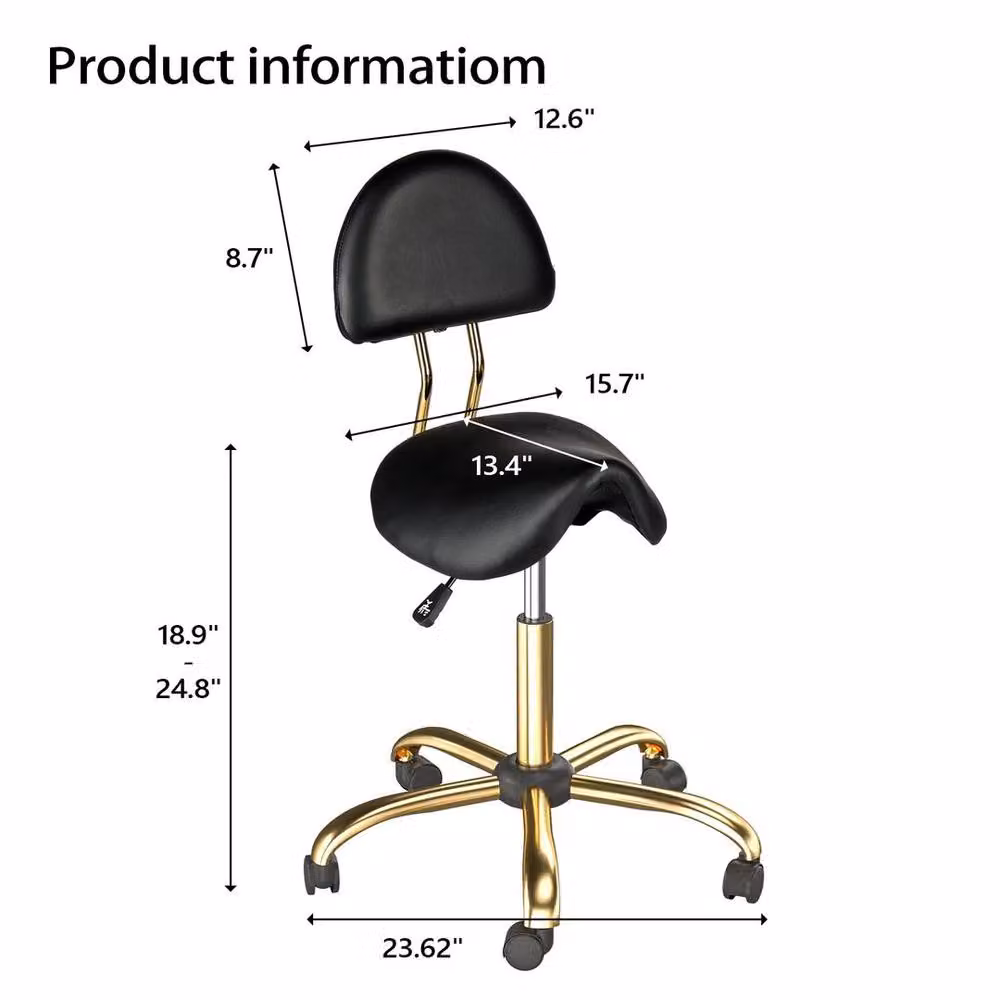 NESTLUNE Adjustable Swivel Salon Saddle Stool with Backrest in Black and Gold PVC Leather – 2