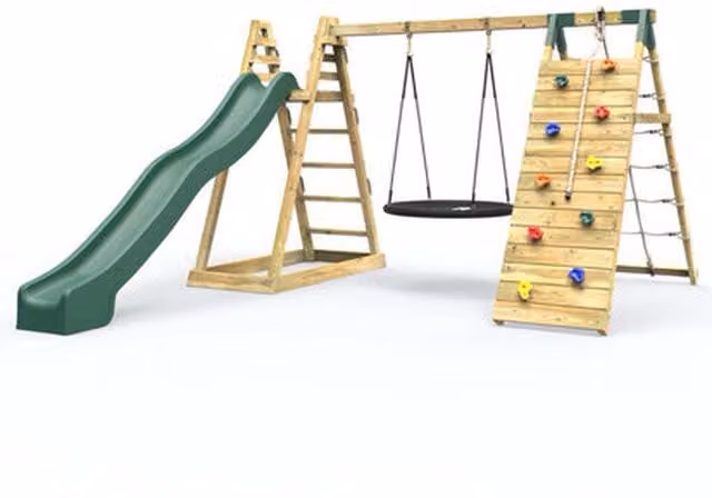 Rebo Wooden Climbing Frame with Swing, Up and Over Climbing Wall and 10ft Slide, Green