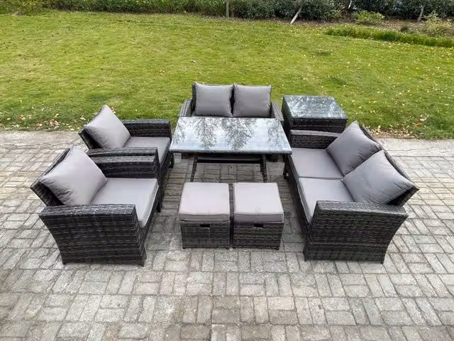 Fimous 8 Seater Rattan Garden Furniture Set with Rectangular Dining Table, Love Seat and Side Table in Dark Grey