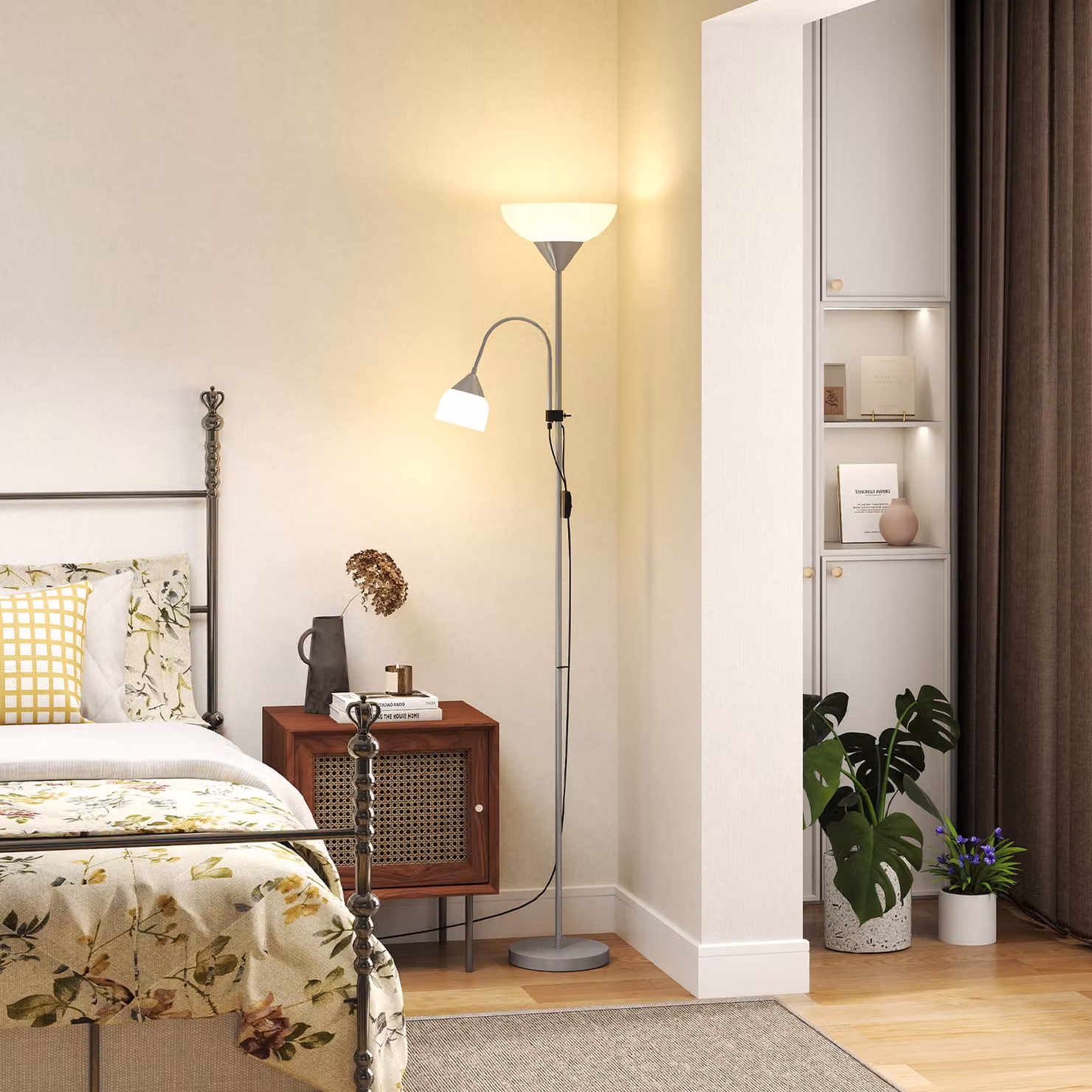 HOMCOM Modern Floor Reading Lamp with 2 Adjustable Heads and Silver Metal Base, Height: 179.5 cm – 2