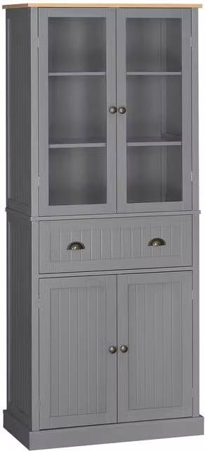 ERGOVEXA Tall Kitchen Pantry Cupboard in Grey with Glass Doors and Drawers, H: 182.5 cm, W: 40.0 cm, D: 76.0 cm