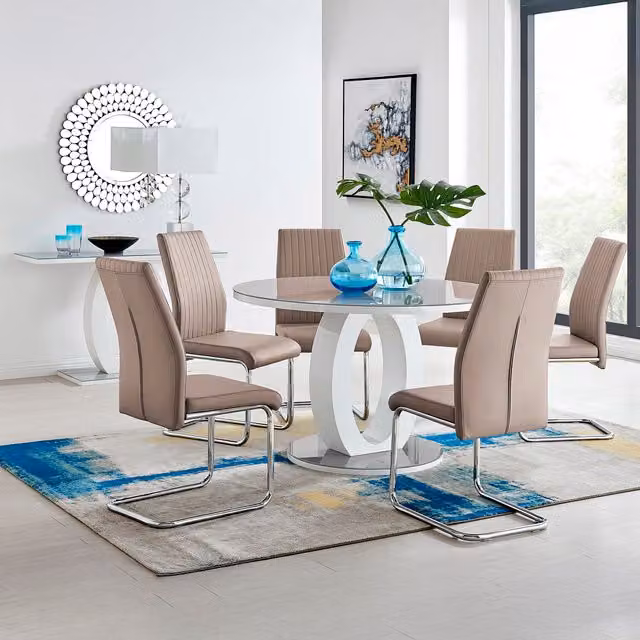 FurnitureboxUK Giovani Round Grey Dining Table and 6 Lorenzo Chairs Set with Glass Top, Diameter: 120 cm