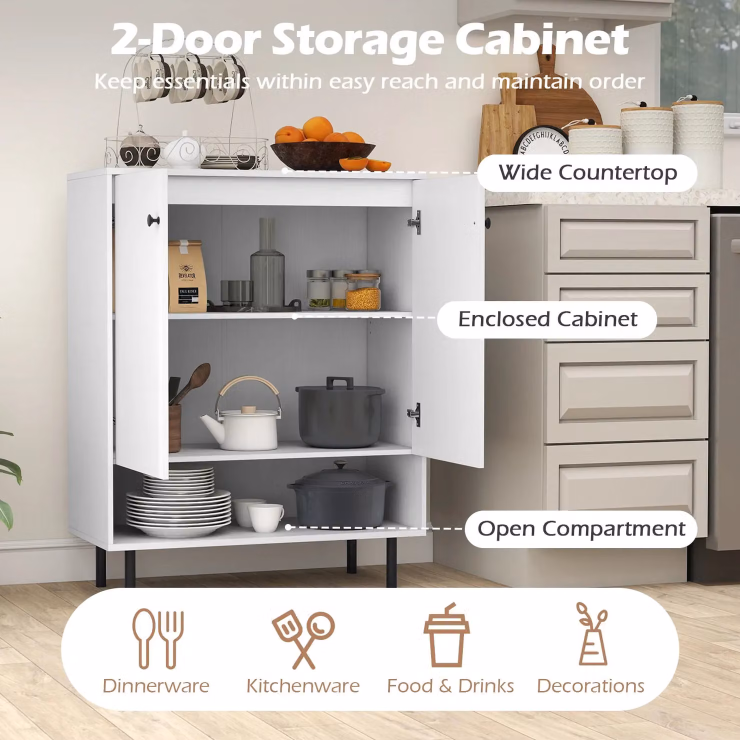 Costway Modern 2-Door Sideboard Buffet Cabinet and Kitchen Storage Unit in White – 5