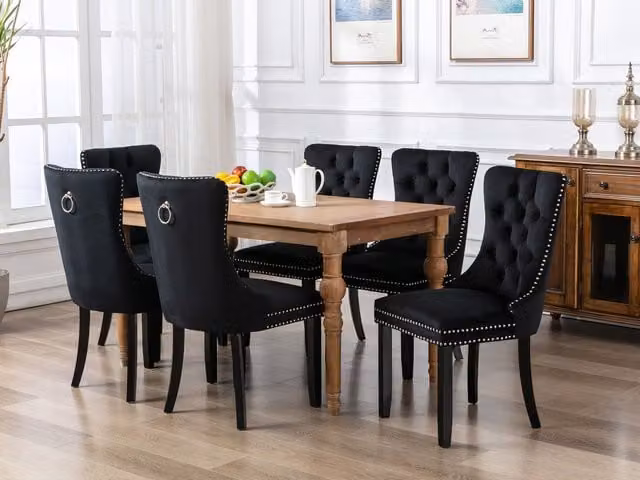 HomeTouch Taylor Set of 6 Black Velvet Kitchen Dining Chairs with Pull Knocker Ring and Oak Wood Frame