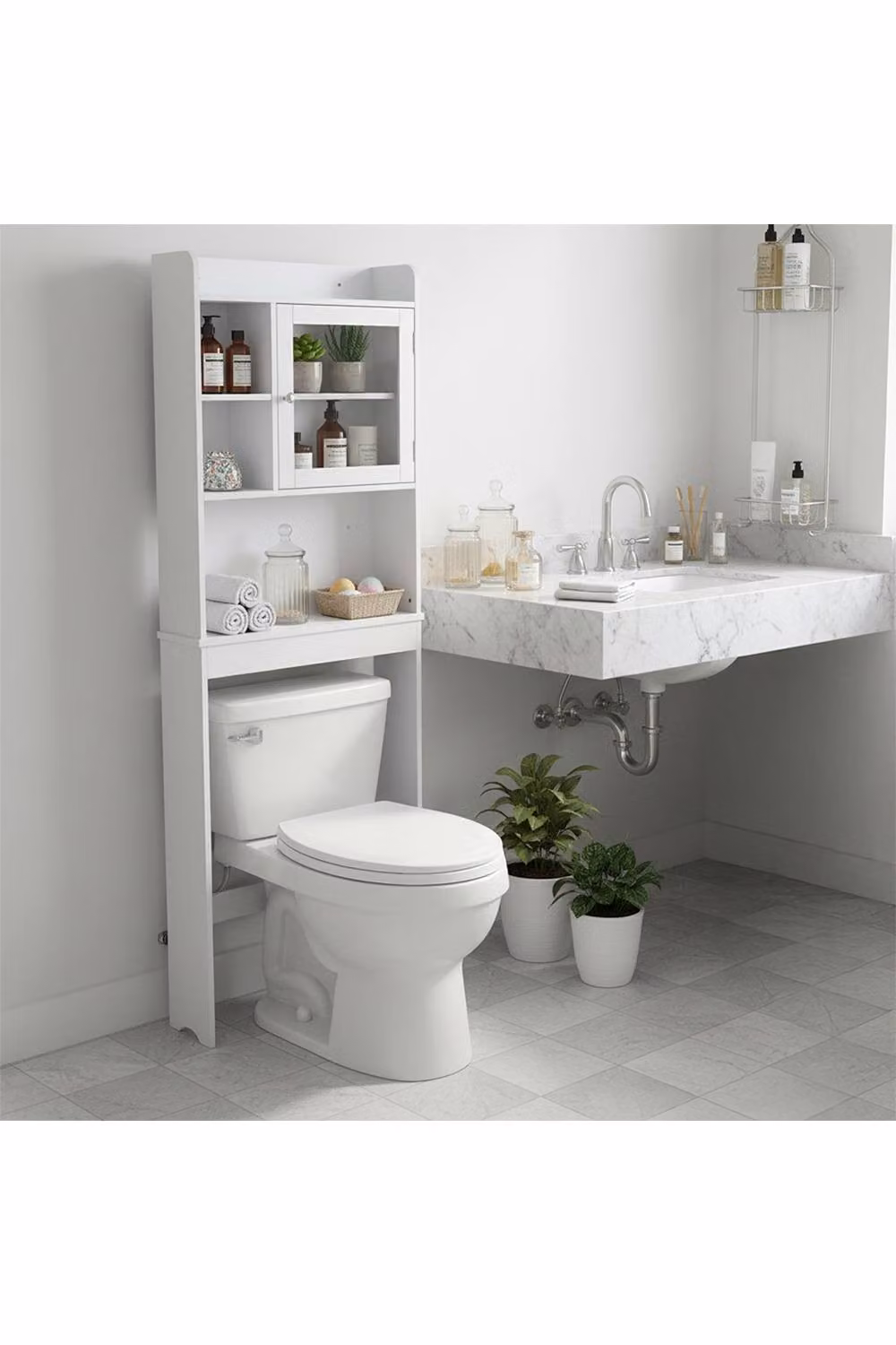 Living and Home White Freestanding Over The Toilet Bathroom Storage Cabinet with Adjustable Shelves – 1