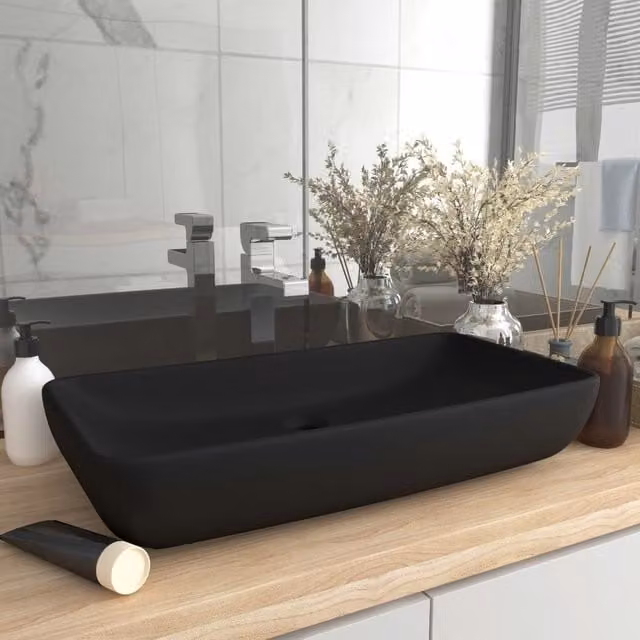 Berkfield Home Luxury Rectangular Ceramic Countertop Basin in Matt Black, W: 71 cm, D: 38 cm, H: 13.5 cm – 1