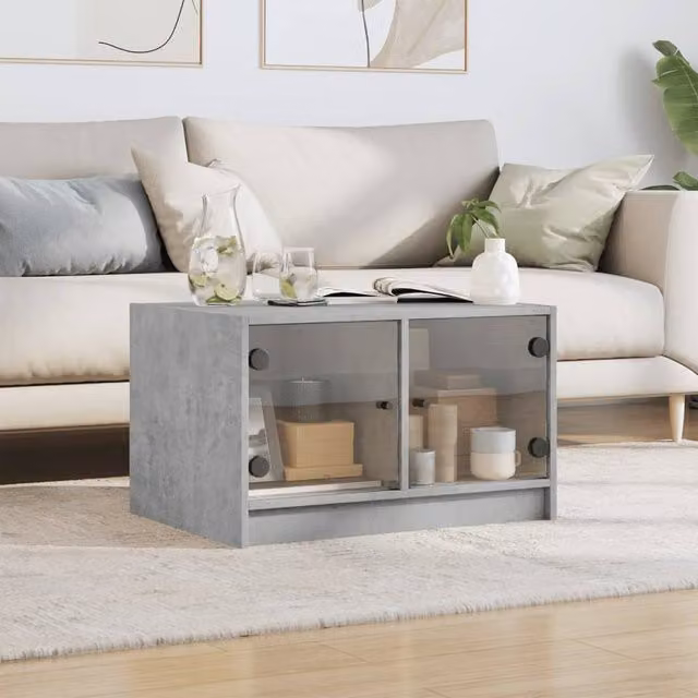 Berkfield Home Modern Coffee Table with Glass Doors in Concrete Grey, W: 68 cm, D: 50 cm, H: 42 cm