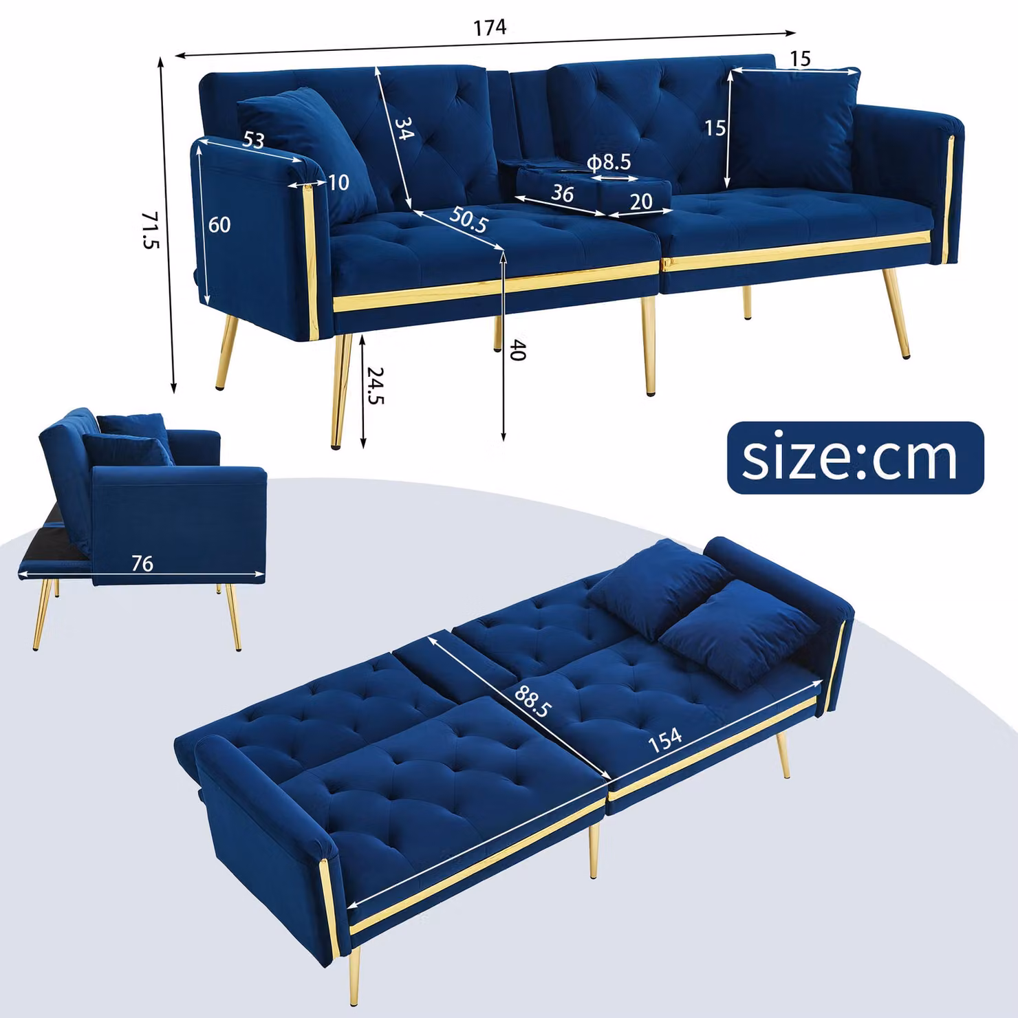 Aosom UK Blue Velvet Two-Seater Convertible Sofa Bed with Adjustable Backrest and High-Density Foam, W/D/H: 174 x 76 x 71.5 cm – 3