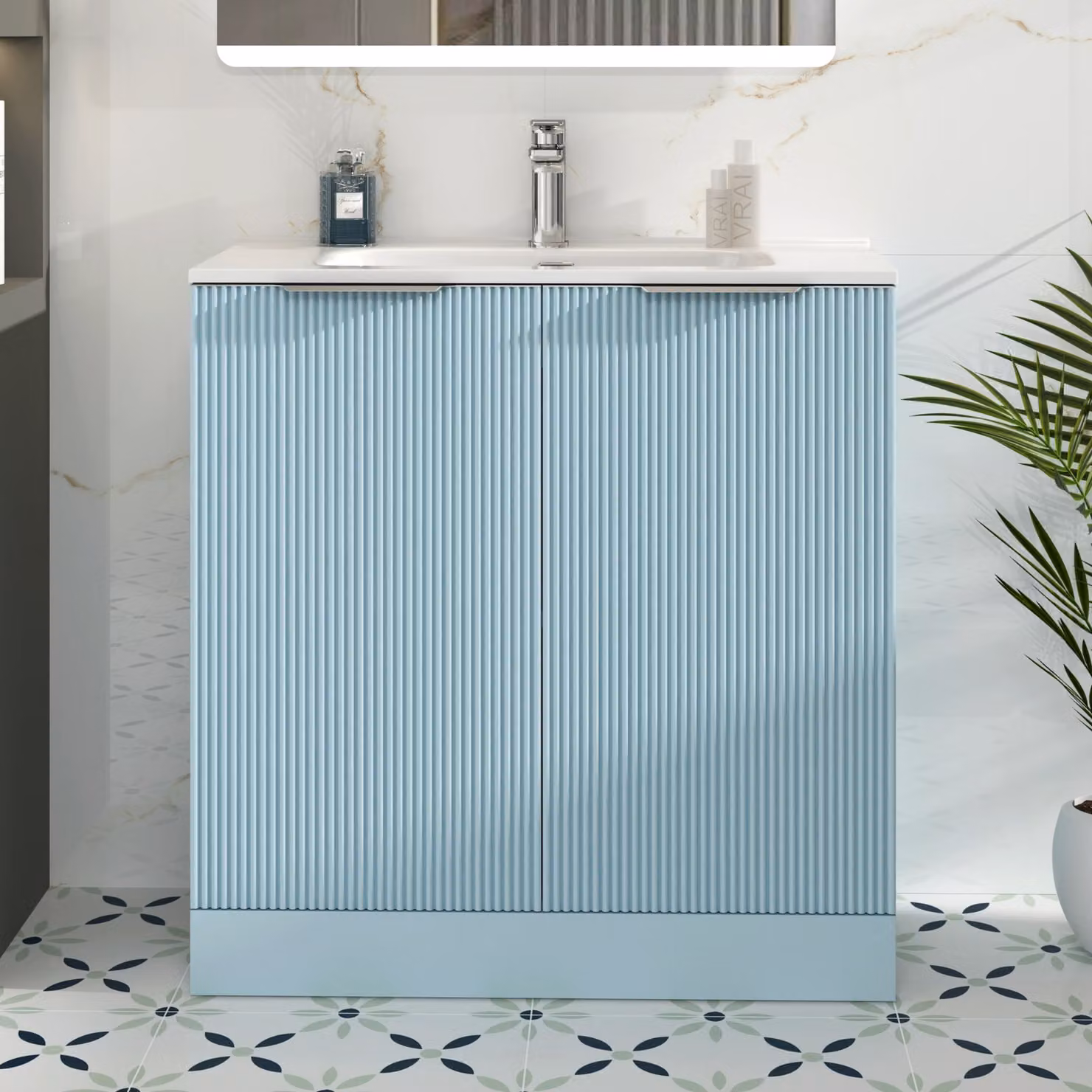 Royal Bathrooms Evora 800mm Powder Blue Fluted Floor Standing 2 Door Vanity Unit with Ceramic Basin