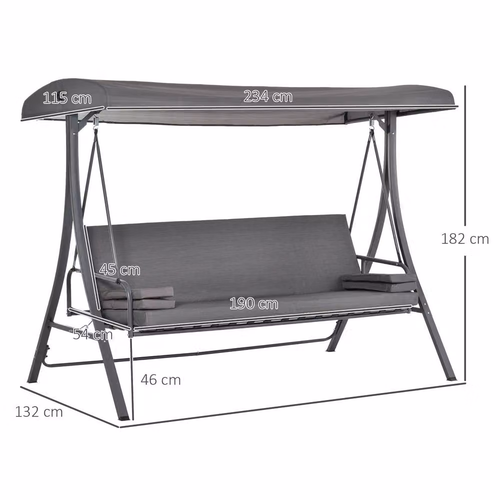 OUTSUNNY 2-in-1 3 Seater Patio Swing Chair and Hammock with Sun Canopy and Cushions in Grey – 2
