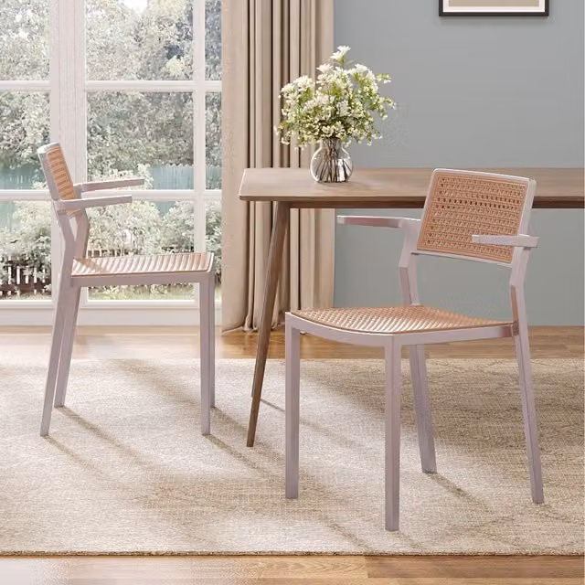 Livingandhome Set of 4 Modern Stackable Rattan Dining Chairs with Armrests in Grey and Brown
