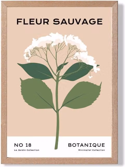 ARTZE Beige and Green Wildflower Flower Market Minimalist Framed Print with Oak Frame