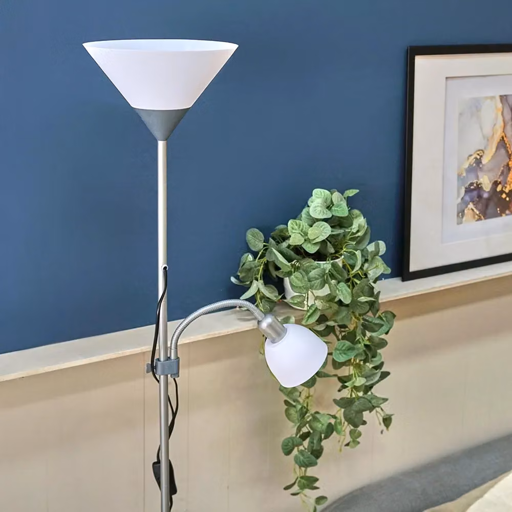 ValueLights Moz Mother and Child Uplighter Floor Lamp with Adjustable Side Lamp in Metallic Silver – 4