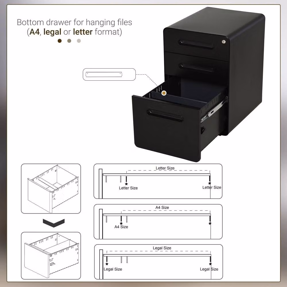 ERGOVEXA Lockable Black Metal File Cabinet with 3 Drawers and Castors, W: 48.0 cm, D: 39.0 cm, H: 59.0 cm – 7