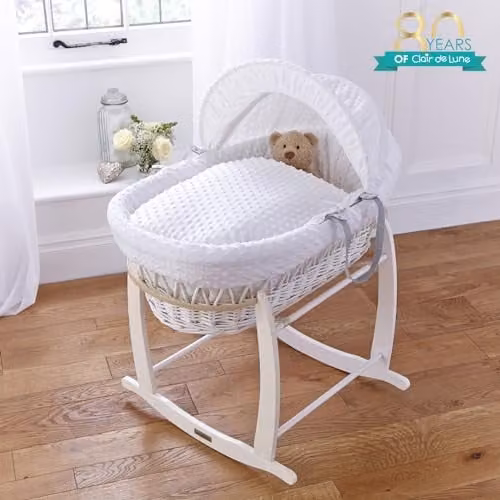 Clair de Lune Dimple White Wicker Moses Basket with White Deluxe Rocking Stand – 2