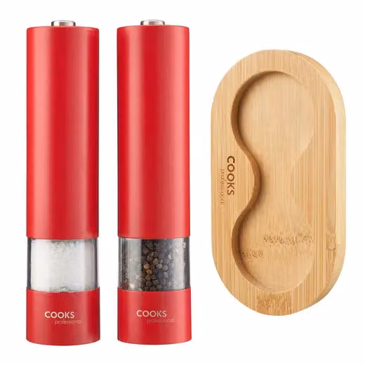Cooks Professional Electric Salt and Pepper Mill Set with Bamboo Base in Red – 2