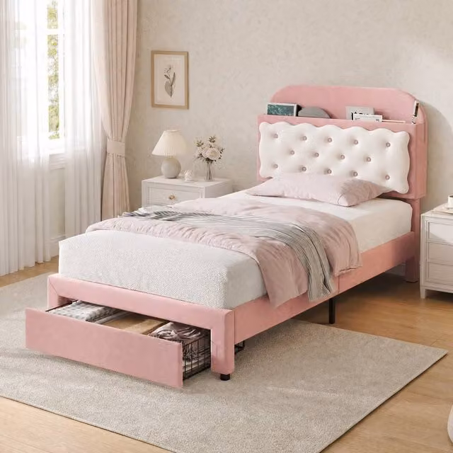 STILVORA Pink Velvet Single Bed Frame with Storage Drawers and Bedside Shelf, W/D/H: 90 x 190 cm