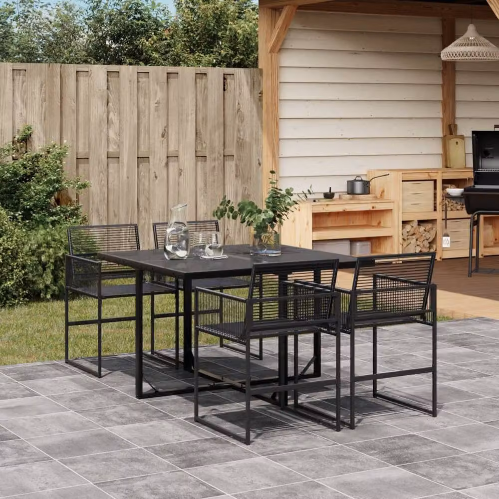 Berkfield Home Beautiful 5 Piece Black Poly Rattan Garden Dining Set with Glass Top and Metal Frame – 2