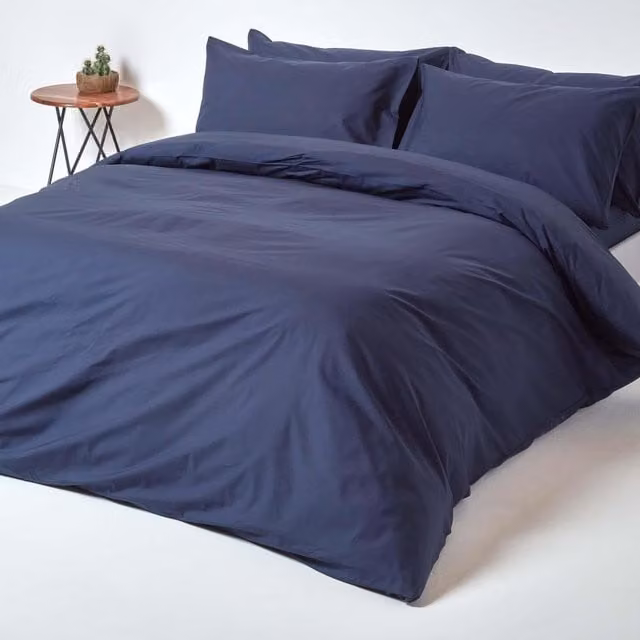 Homescapes Blue Combed Cotton Percale Duvet Cover and Pillowcase Set, W/D/H: 140 x 200 cm