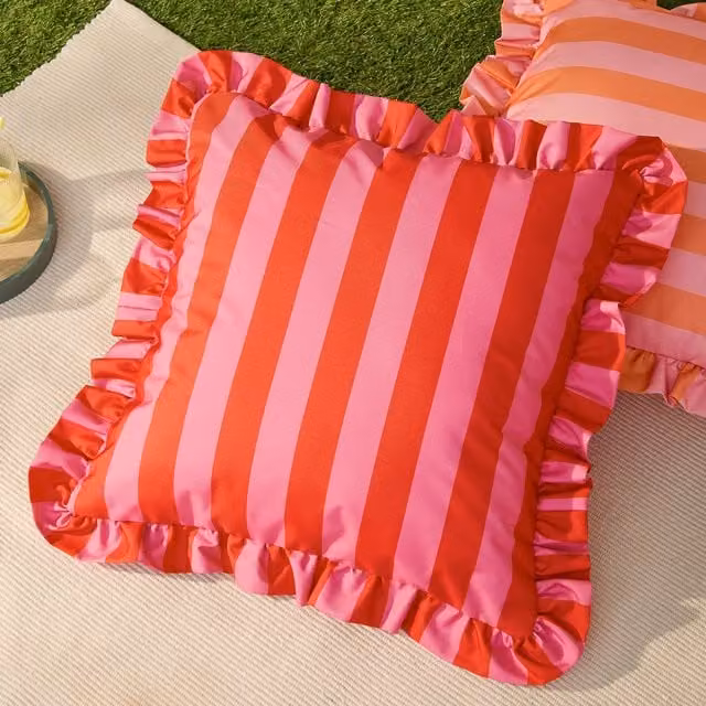 Furn Palm Royale Stripe Ruffle Printed Outdoor Filled Cushion, Pink and Red, W/D/H: 50 x 50 x 50 cm