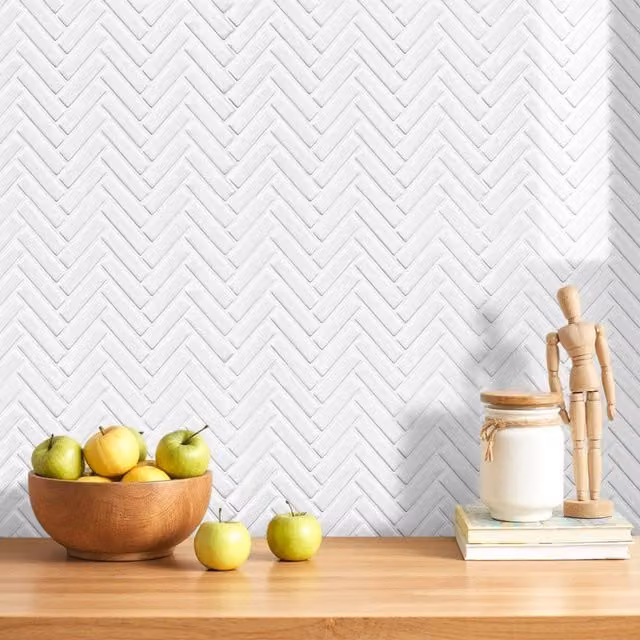 Lifeideas 10-Piece Self-Adhesive Herringbone Geometric Wall Tile Stickers in White
