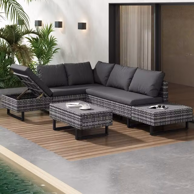 Home Touch Interior Grey Outdoor Rattan Corner Sofa Set with Recliner Seat and Side Table
