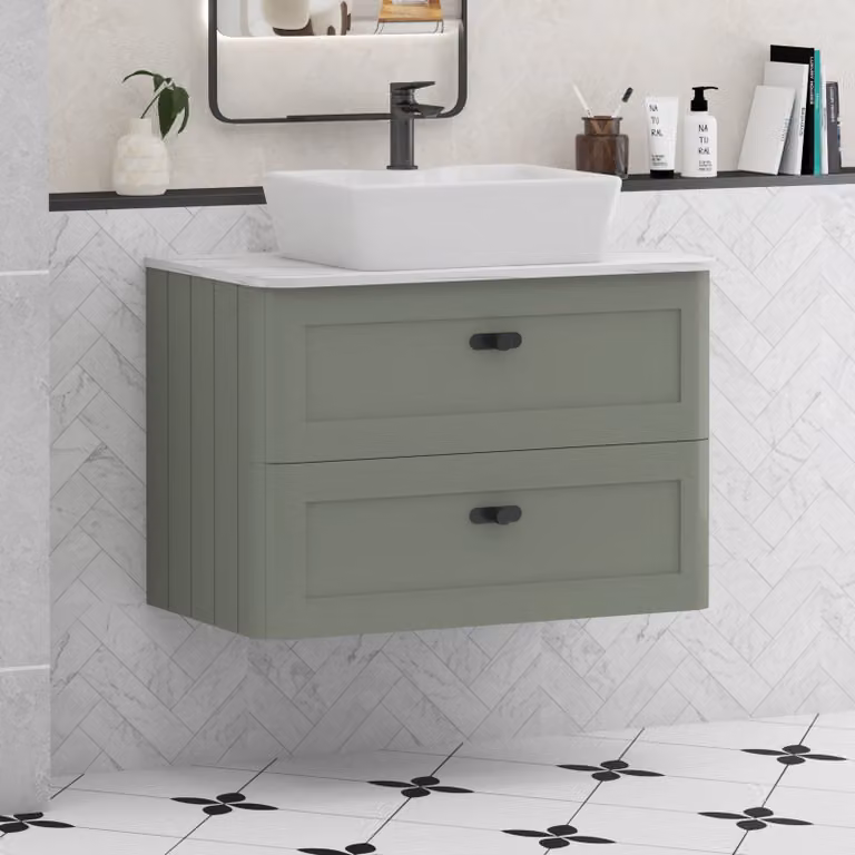 Royal Bathrooms Henley 800mm Sage Green Wall Hung 2 Drawer Vanity Unit with Cube Basin and Matt Black Knob