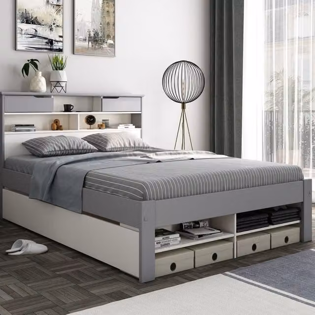 Bedmaster Fabio Modern Solid Wood Storage Bed in Grey and White, 140 x 200 cm