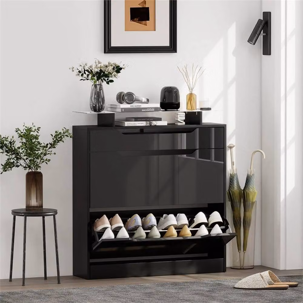 Nordara Modern Black Shoe Cabinet with High Gloss Front Panels and Glass Top, W: 120 cm, D: 60 cm, H: 60 cm – 5