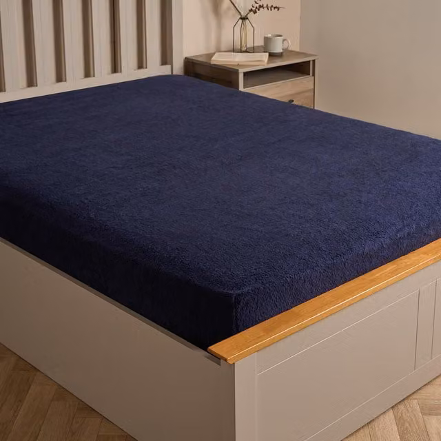 Brentfords Navy Blue Teddy Fleece Thermal Fitted Bed Sheet, W/D/H: 90 x 200 cm
