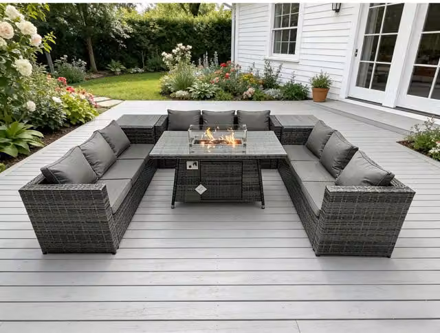 Fimous 9-Seater Rattan Gas Fire Pit Dining Set with Side Tables in Dark Grey Mixed