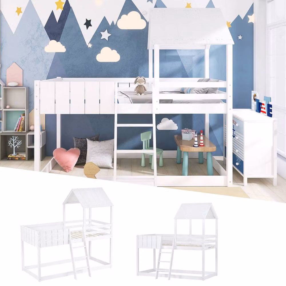 ModernLuxe White Wooden Single Over Single Bunk Bed with Ladder and Guard Rail, W/D/H: 196 x 90 x 136 cm – 2