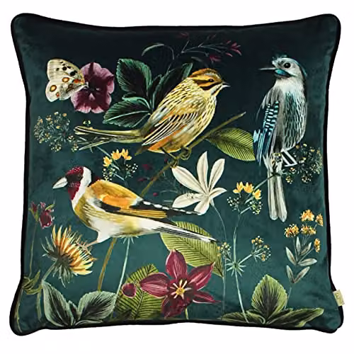 Evans Lichfield Midnight Garden Birds Printed Velvet Cushion in Blue and Green, 43 x 43 cm – 2