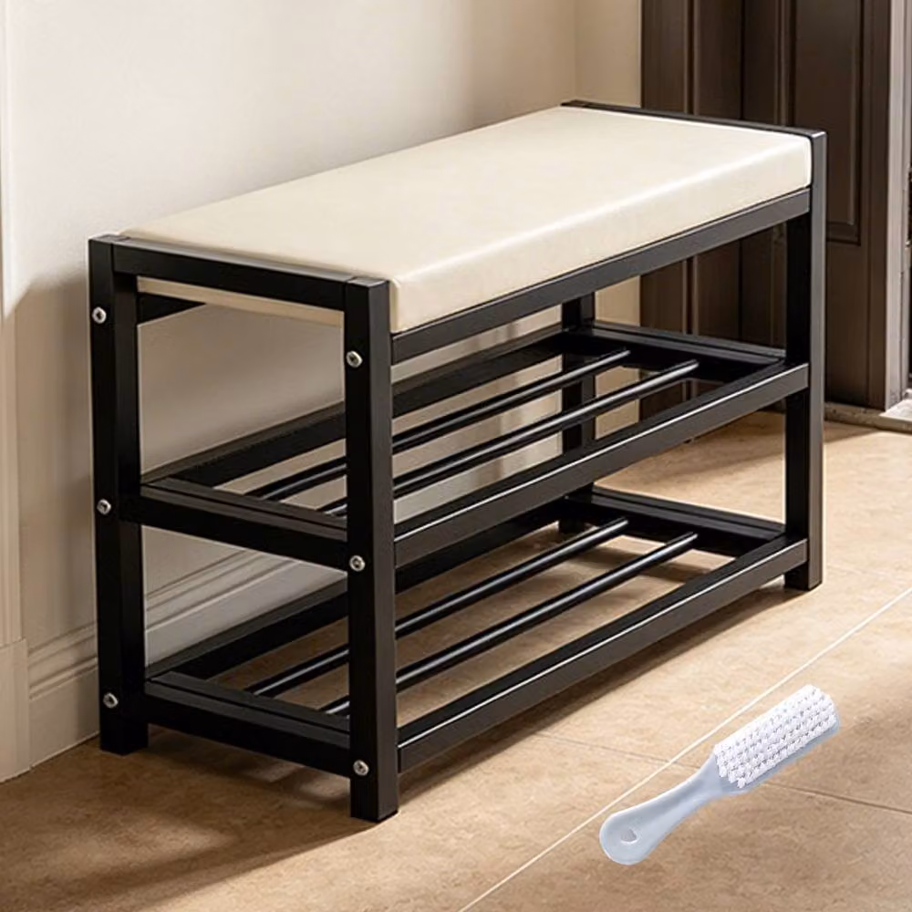 Ventryn Black Synthetic Leather Shoe Bench Stool and Storage Rack – 3
