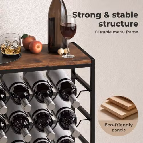 Levede 30 Bottle Metal Freestanding Wine Rack with Wooden Top, 6-Tier Industrial Floor Standing Wine Storage Shelf in Black and Brown, W: 59 cm, D: 30 cm, H: 88 cm – 9