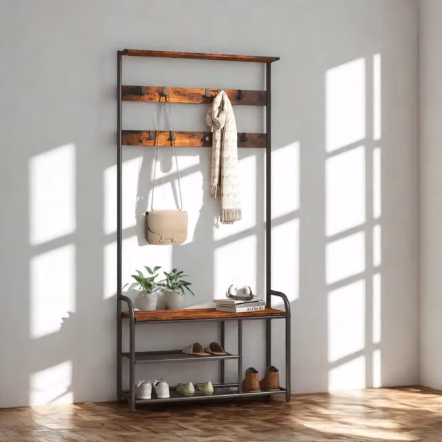 Pirlo Plush Rustic Brown Hall Tree with Bench and Metal Hooks