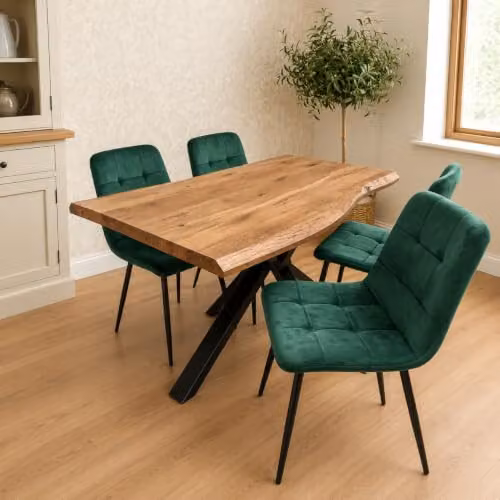 Kosy Koala 4 Seater Dining Set with Rustic Brown Rectangular Table and 4 Green Velvet Chairs W/D/H: 117 x 77 x 75 cm